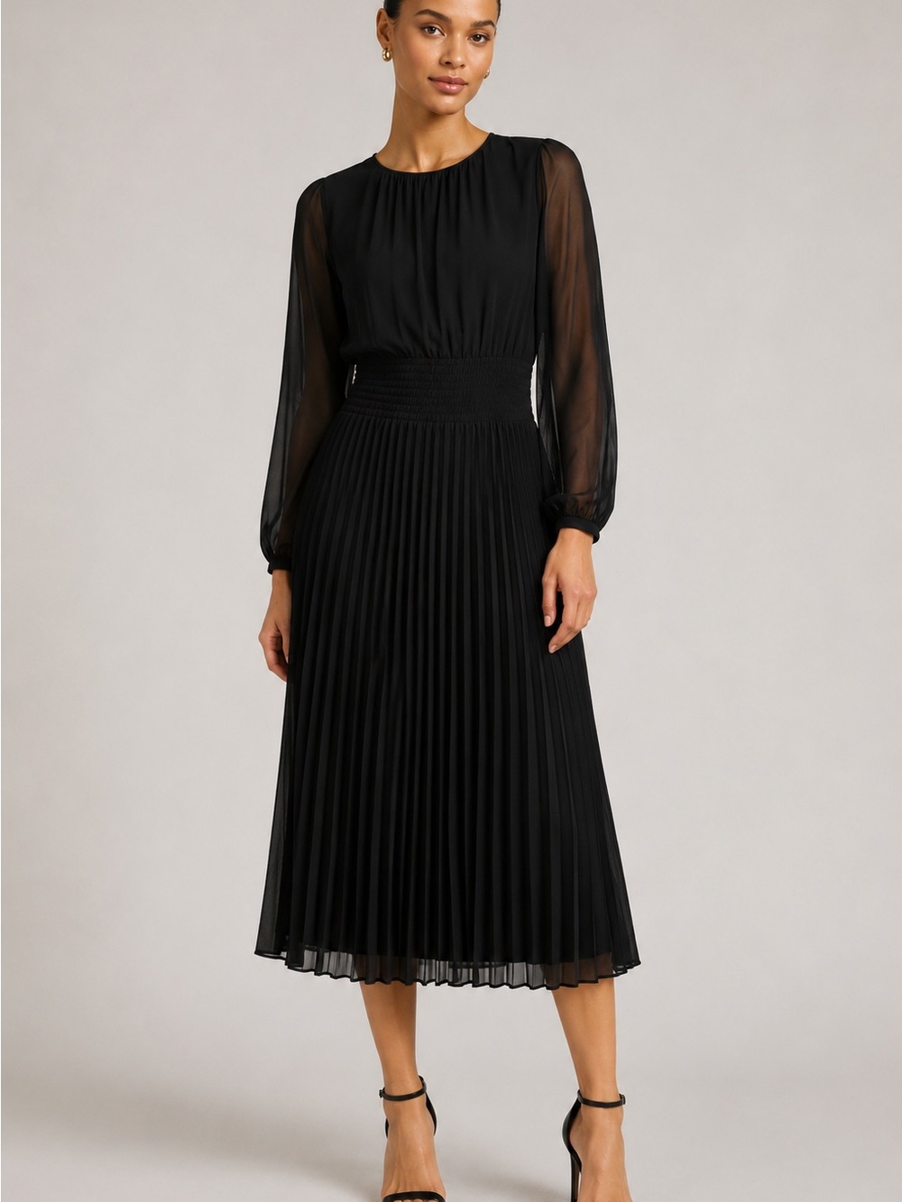 32. Theory • NWT $445 US Long Sleeve Pleated Midi Dress Black ptp 21-24”